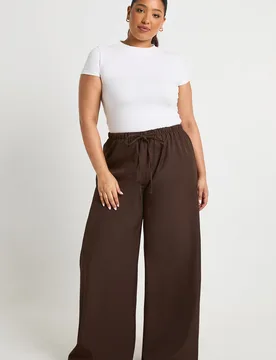 Womens Plus Woven Elasticated Waist Drawstring Wide Leg Trouser - Chocolate - Size 20 Uk - Boohoo - FashionsVida