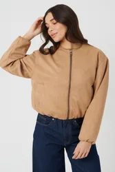 Womens Tan Faux Suede Bomber Jacket With Oversized Sleeves - Size 14 Uk