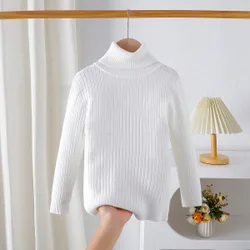 Suéter de cuello alto de punto sólido blanco para niñas pequeñas para otoño/invierno - Nuevo estilo de capa base de manga larga, artesanía de te