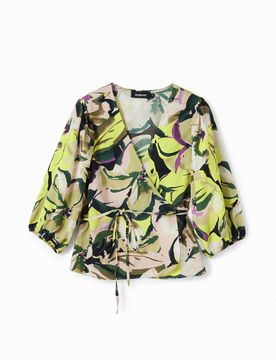 Blouse croisée fleurie, Polyester, Vert, XS