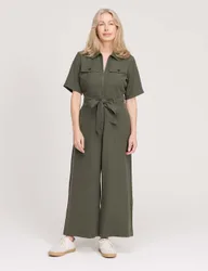 Short Sleeve Cropped Wide Leg Jumpsuit Khaki female