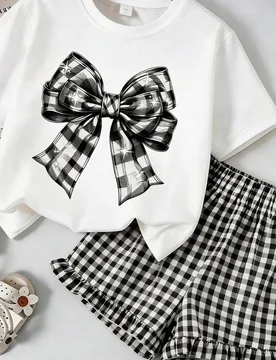 Conjunto de 2 piezas para niñas, pantalones a cuadros blanco & negro, atuendo de verano y otoño, estilo campus para niñas, look de regreso a la esc - Shein - FashionsVida