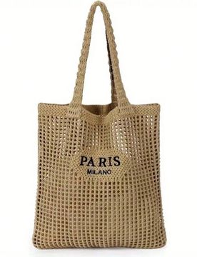 Bolso de hombro tejido y trenzado, bolso versátil para fotografía, bolso de playa con bordado de letras huecas, bolso de viaje casual, necesidades d