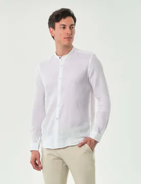 Camicia bianca con colletto alla coreana in puro lino tinto filo - Alley Docks - FashionsVida