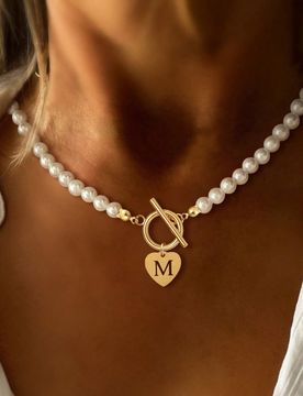 Pieza Collar con colgante de corazón hueco dorado minimalista con cuentas y cierre en T, para mujer