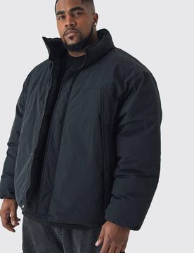 Herren Plus Trichterkragen Wattierte Jacke in Schwarz Black Größe 2XL