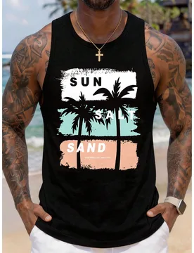 Camiseta de tirantes para hombre talla grande con estampado de letras negras & palmeras, adecuada para uso casual diario, vacaciones en la isla, resor - Shein - FashionsVida