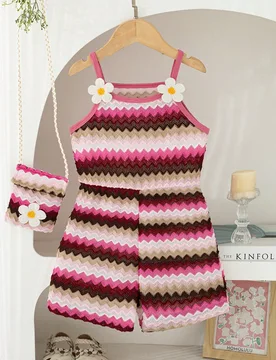 Mono sin mangas de verano para niña con decoración floral, cintura elástica y rayas onduladas de colores, incluye bolso bandolera - Shein - FashionsVida