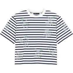Camiseta corta de mujer de algodón con rayas marineras y flores de strass iridiscentes