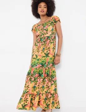 Women's Petite Printed Maxi Dress with Square Neckline & Puff Sleeves in Orange Size: 14 - Orange - Size: 14 - Joe browns - FashionsVida