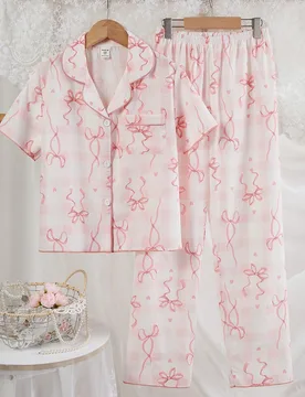 Set de 2 piezas de pijama para niñas preadolescentes con pantalón holgado con estampado a cuadros y lazo, y blusa de manga corta - Shein - FashionsVida