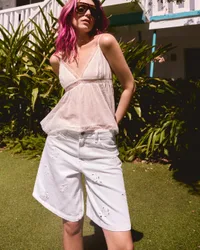 Bermuda Denim Baggy Brodée 32 Écru