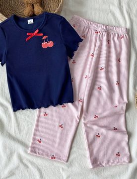Conjunto de ropa de estar en casa para niñas pequeñas de verano, otoño y todas las estaciones, con top de manga corta de cuello redondo con estampa