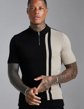 Men's Short Sleeve Muscle Fit Colour Block Knit Polo Black Size X-Small Black XS - boohooMAN - FashionsVida