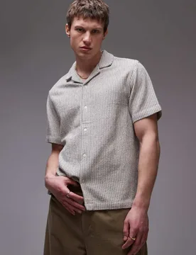 Mens Short Sleeve Textured Stripe Shirt In Stone - Size X-Large - Topman - FashionsVida