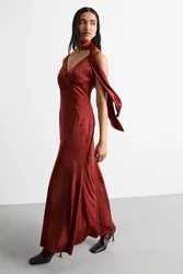 Women's Plain Scarf Detail Tie Neck Maxi Dress in Rust Size: 16 - Rust - Size: 16