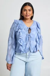 Womens Plus Burnout Ruffle Front Tie Blouse - Blue - Size 16 Uk