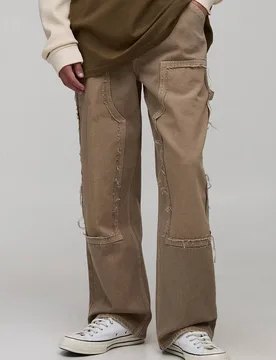 Men's Relaxed Fit Washed Carpenter Distressed Worker Jeans Stone Size 28R Stone 28R - boohooMAN - FashionsVida