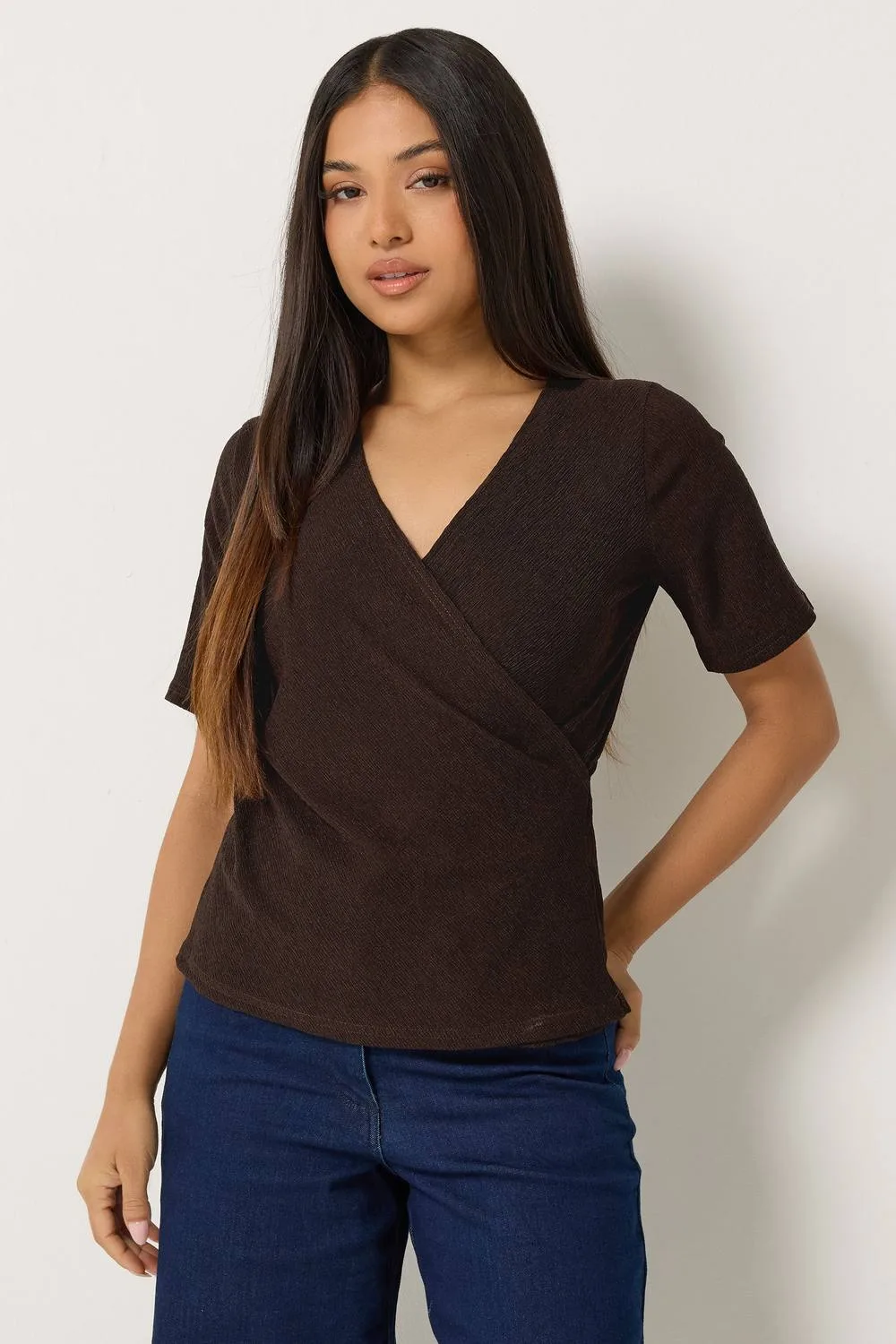 Petite Textured Wrap Top - Chocolate - Size: 14 - M&Co - FashionsVida
