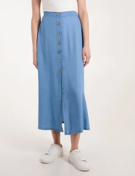 Womens Tencel Button Front Midi Skirt Denim - Size Large - Blue Vanilla - FashionsVida