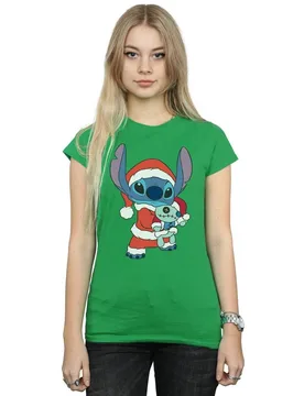 Women's Lilo & Stitch Stitch Christmas Cotton T-Shirt in Green Size: Large - Green - Size: L - Disney - FashionsVida