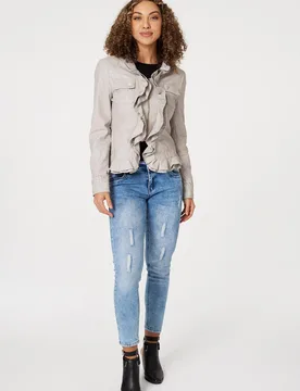 Frilled Front Faux Leather Jacket - Beige - Size: 8 - Izabel London - FashionsVida