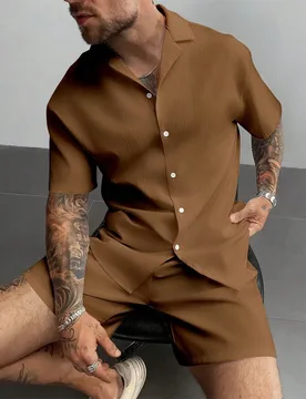Conjunto de 2 piezas GloMan para hombre, camisa de lino estilo cubano marrón de verano y pantalones cortos con cordón, estilo Old Money casual para - Shein - FashionsVida