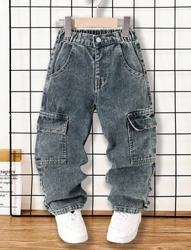 Pantalones vaqueros cargo de pierna recta y ajuste holgado con pespuntes de contraste para niño - Shein - FashionsVida