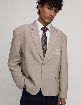 Men's Herringbone Embroidered Oversized Blazer Taupe Size 40 Taupe 40 - boohooMAN - FashionsVida