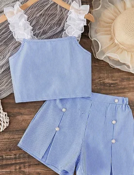 Conjunto de 2 piezas estilo coreano fresco para niñas jóvenes, tela nítida a rayas verticales azul y blanco, tirantes con patchwork y encaje blanco - Shein - FashionsVida