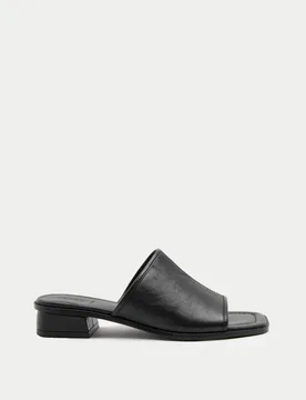 Leather Block Heel Peep Toe Mules Black female - M&S - FashionsVida