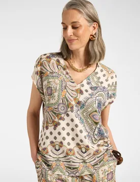 Blusa de mujer de viscosa estampada con escote en v ajuste regular - Elena Miró - FashionsVida