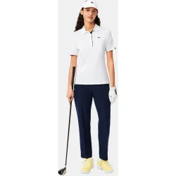 Polo de mujer de golf elástico de corte ajustado con protección UV en azul de manga corta