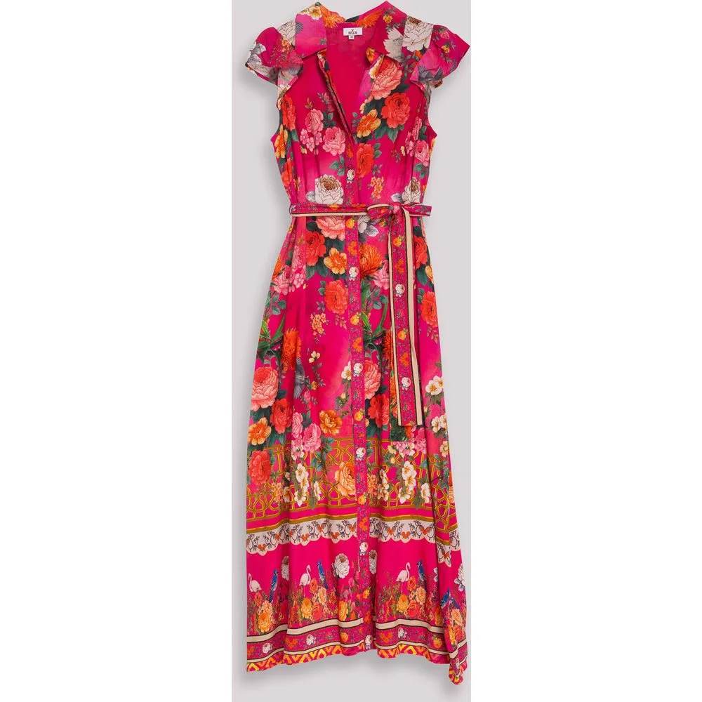 Vestido midi estampado floral con cinturón y cierre frontal - Niza - FashionsVida