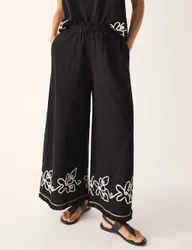 Pure Cotton Embroidered Wide Leg Trousers Black Mix female