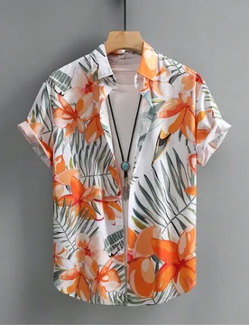 Camisa casual de manga corta con cuello vuelto y botones con estampado floral tropical para hombre, para el verano - Shein - FashionsVida