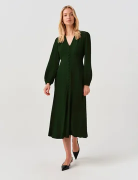 Crepe V-Neck Midi Waisted Dress Dark Green female - GHOST - FashionsVida
