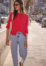 Street One 3/4-Arm Bluse mit Rundhals und Knöpfen female Rot