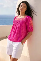 Embroidered Textured Top - Cerise - Size: 18