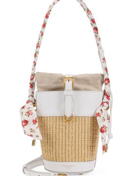 Capri Bucket Bag in Fabric and Leather, Multicoloured with a Floral Theme, Leather Handle Wrapped with a Scarf, Removable and Adjustable Leather Shoul