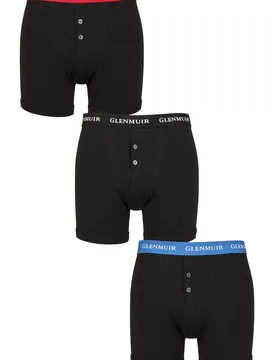 Mens 3 Pack William Button Front Cotton Boxer Shorts Black Contrast XL - Black - Size: Extra Large - Glenmuir - FashionsVida