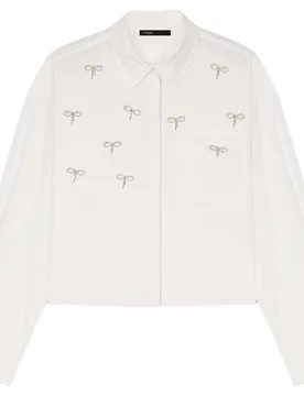 Camisa de mujer corta de popelina de algodón con lazos bordados y pedrería - Maje - FashionsVida