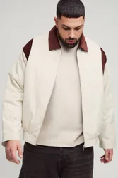 Herren Plus Cord Kontrastkragen Oversized Fit Wattierte Jacke Ecru Größe 3XL