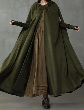 Women's Retro Hooded Thermal Cloak Coat Army Green Hooded Long Cape Cloak Closure Loose Winter Outerwear Coat Casual Wear - Aliexpress - FashionsVida