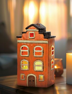 Windlicht Haus aus Steingut 6 bunt