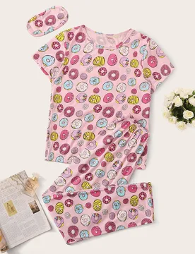 Set de pijama con estampado de dónut con máscara de ojo - Shein - FashionsVida