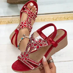 Sandalias de cuña y plataforma para mujer - Estilo bohemio vintage con banda elástica de strass - Adecuado para vacaciones y viajes