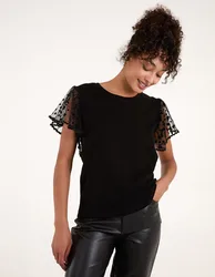 Polka Dot Mesh Sleeve T-shirt - S / BLACK - female