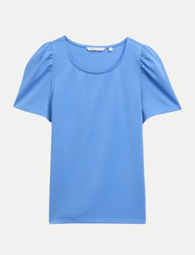 T-Shirt mit gerafften Ärmeln Blau S