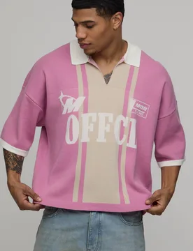Men's Oversized Boxy Moto Racing Graphic Knit Polo Pink Size Medium Pink M - boohooMAN - FashionsVida